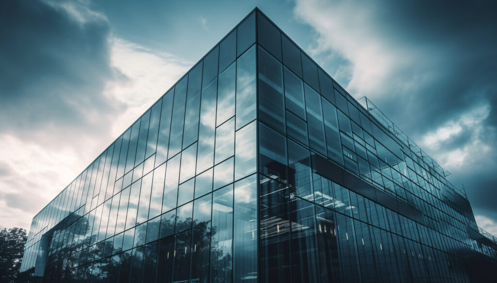tall modern building reflects abstract cityscape pattern generated by ai